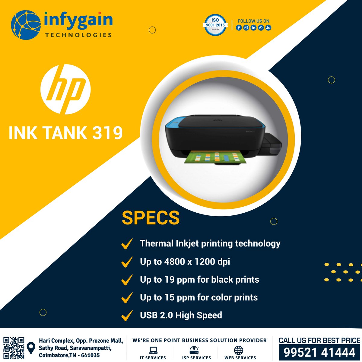 infygain's tweet image. 🖨️ Print with precision and speed! The HP INK TANK 319 offers up to 4800x1200 dpi resolution, 19 ppm for black, 15 ppm for color, and USB 2.0 high-speed connectivity. Perfect for home or office! #HPInkTank319 #PrintingPower #EfficientPrinting
📞9952141444