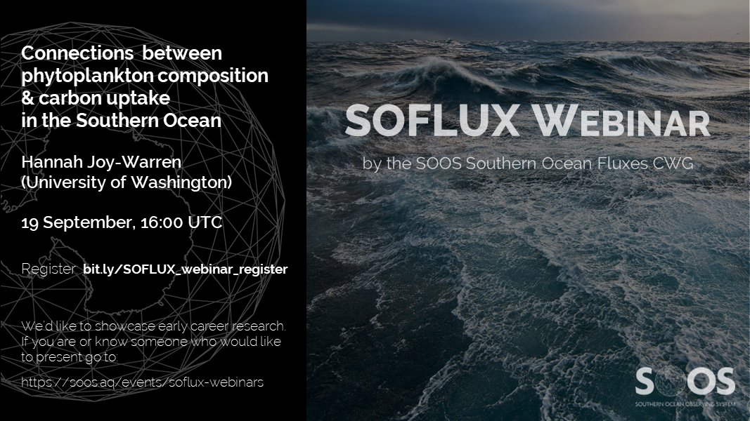 Get ready for the next #SOFLUX_webinar! Hannah Joy-Warren will talk about "Observing the connections between phytoplankton community composition and carbon uptake in the Southern Ocean".

Join us on 19 September at 16:00 UTC. 

Register here: bit.ly/SOFLUX_webinar…