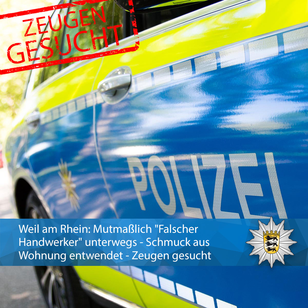 PolizeiFR's tweet photo. #Weil am Rhein: Mutmaßlich "#Falscher #Handwerker" unterwegs - Schmuck aus Wohnung entwendet - #Zeugen gesucht
Die #Polizei Weil am Rhein, ☎️ 07621 97970, sucht Zeugen, welche sachdienliche Hinweise zu dem "falschen Handwerker" geben können.
https://t.co/HAEiDMiX0B https://t.co/7KIt8w0ydr