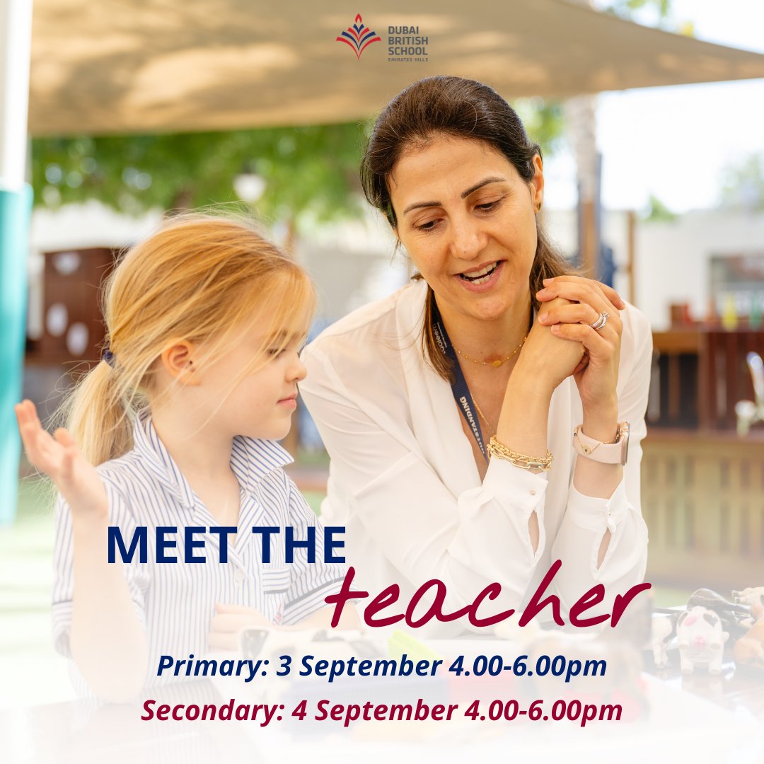 DubaiBritishEH's tweet photo. We are delighted to invite parents to meet the outstanding Primary and Secondary teachers of DBS Emirates Hills on the 3rd and 4th of September. Please refer to our weekly notices for more information.
Excellence #BeginsAtDBSEH
#MeetTheTeacher #DBSCommunity #BritishCurriculum https://t.co/uNHm652Kx8
