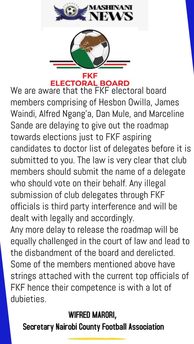 FKF officials are busy doctoring the voters register before submitting to the electoral board. The law says club members should nominate their delegate but now FKF are forcing delegates on behalf of clubs. This is third party interference <a href="/kipmurkomen/">KIPCHUMBA MURKOMEN, E.G.H</a> <a href="/FIFAcom/">FIFA</a> <a href="/CAF_Online/">CAF Online</a>