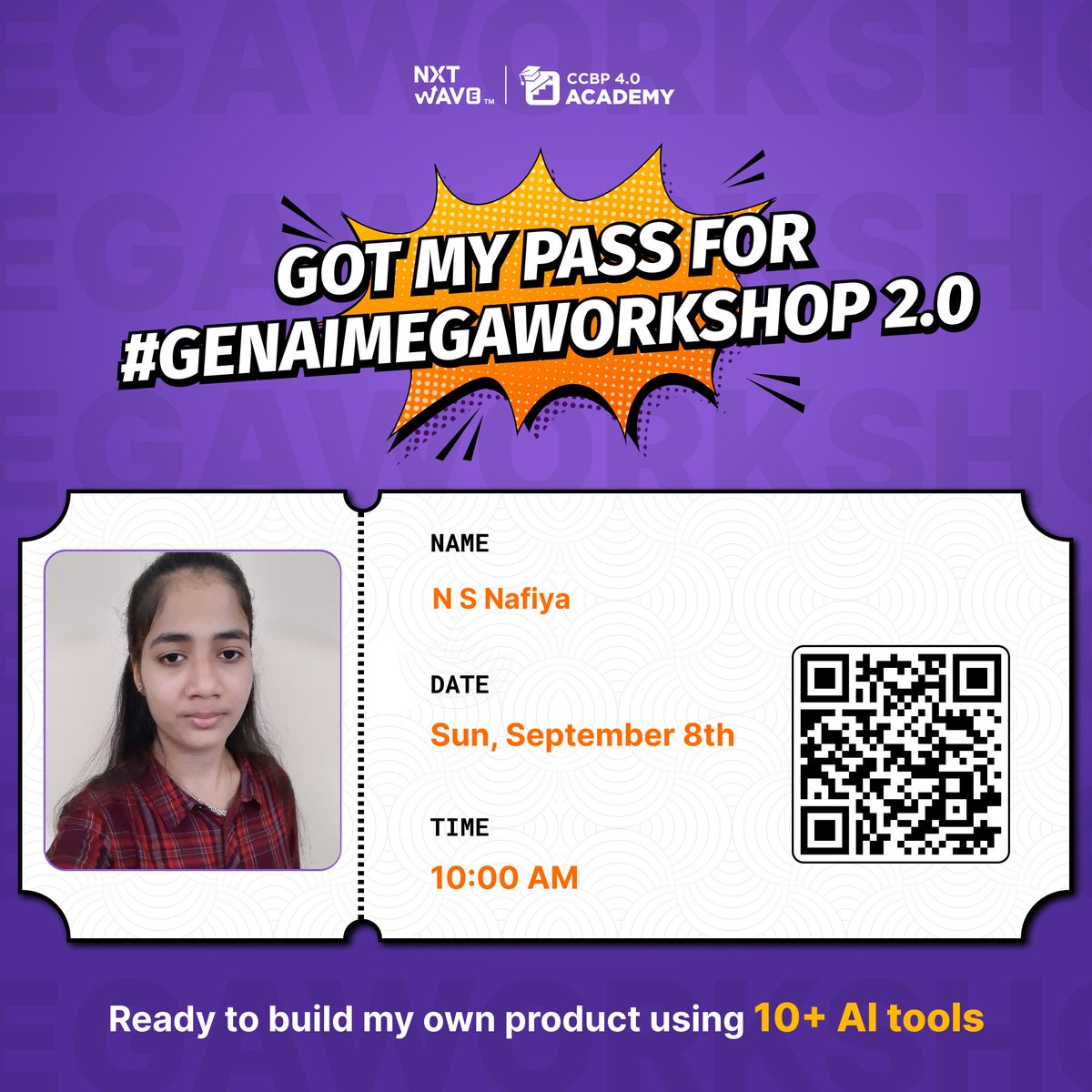NSNafiya1's tweet photo. Hello Folks,

Excited to announce that I've got my pass for the #GENAIMegaWorkshop 2.0! 🚀

I'll join on September 8th at 10:00 AM, ready to dive deep into building my product using 10+ AI tools! 🤖💡

@rahulattuluri  @nxtwave_tech https://t.co/NXFSRo31Nk