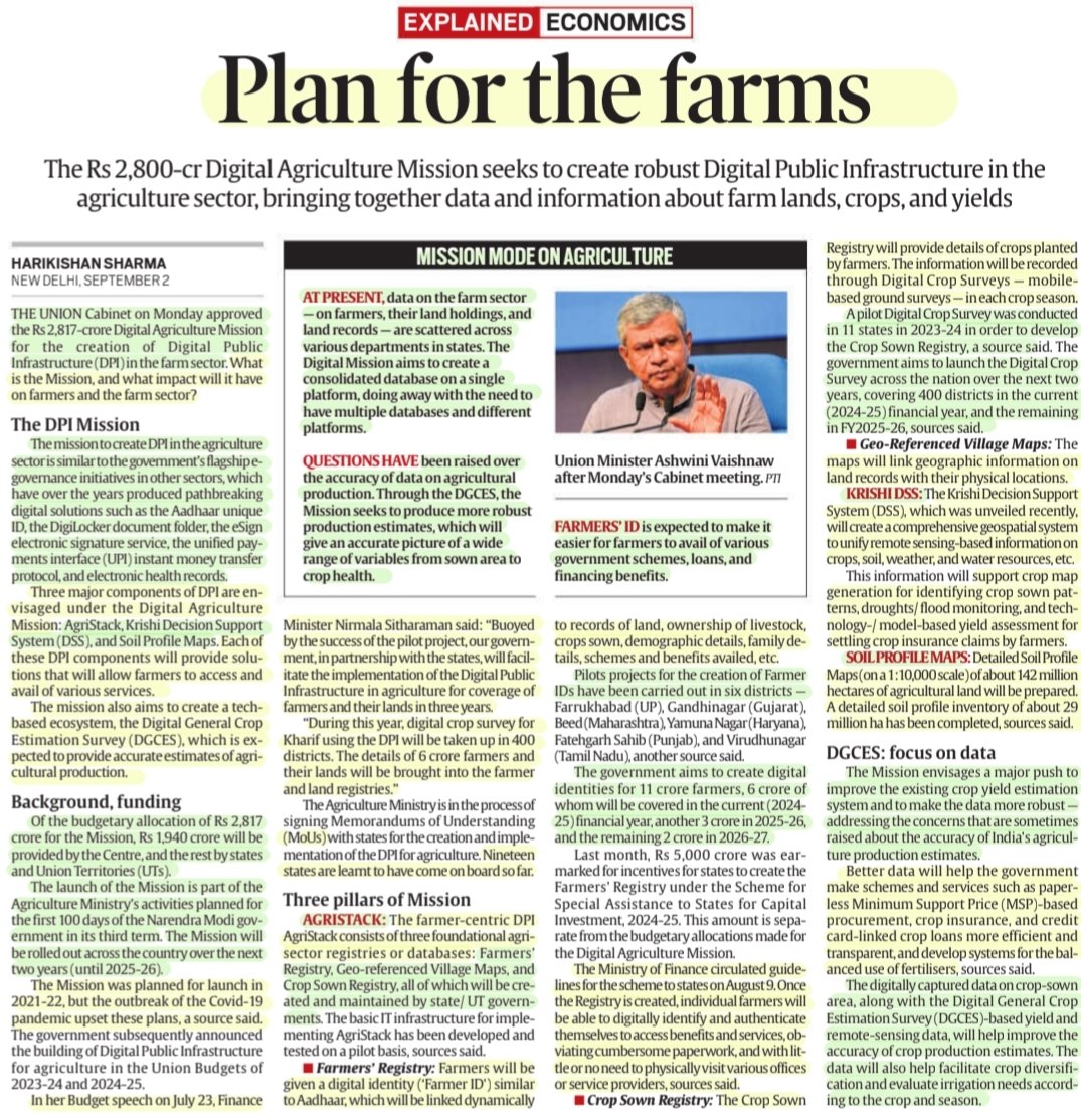 imRavikantYadav's tweet photo. 'Plan for the Farms'
'Digital Agriculture Mission'
:Details by Sh Harikishan Sharma
@harikishan1
DPI in #agriculture ,background, funding,Pillars: #Agristack-#farmer & #Crop sown registry-Geo referenced #village #maps ,#KrishiDSS ,#soil profile #DGCES &
More info..
#UPSC https://t.co/OKsSUZ1bYP