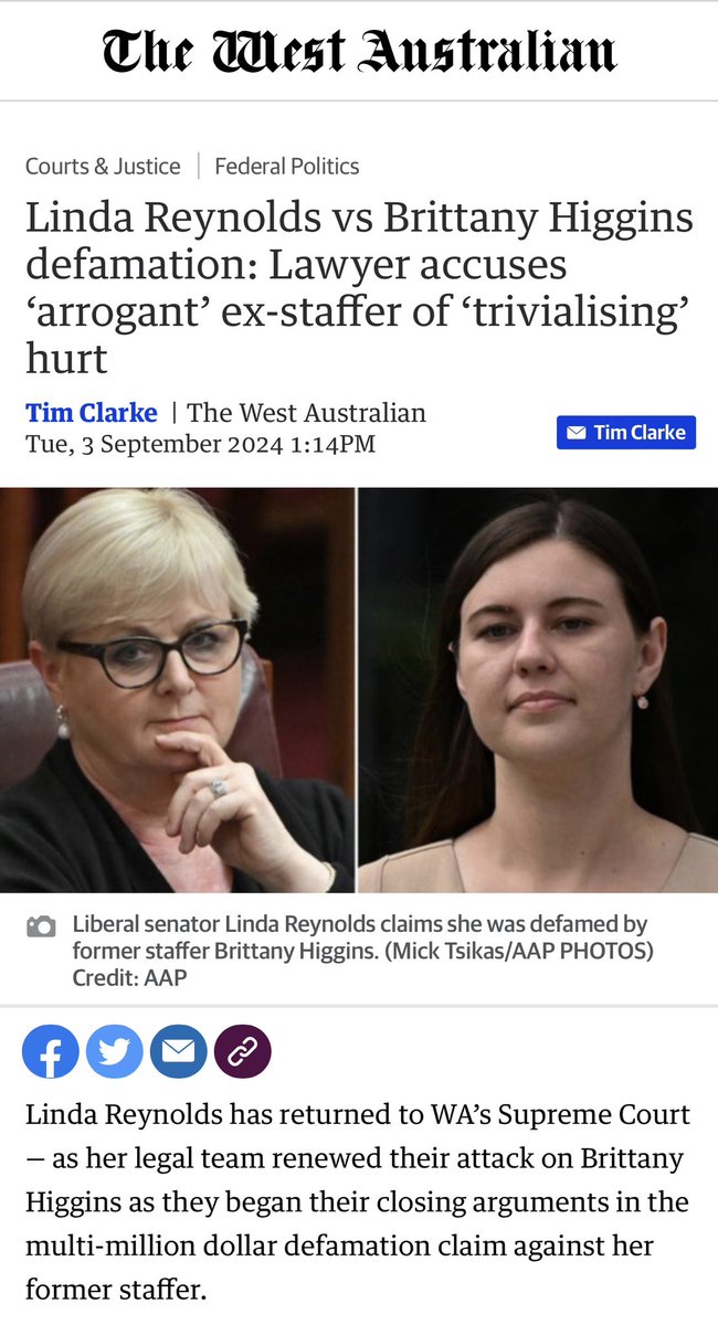 MFWitches's tweet photo. We know many powerful men detest women but even we can’t believe Linda Reynolds’s lawyer told a court today Reynolds is a bigger victim than the raped woman:
“Ms Higgins arrogantly (from the sanctity of France) claims the status of the person most seriously affected by this matter and trivialises the hurt to others,” Mr Bennett said.

One of the wildest concluding statements we’ve ever heard: and from people who want the Judge to believe they’re the compassionate, caring ones. FFS. 

#WarOnWomen