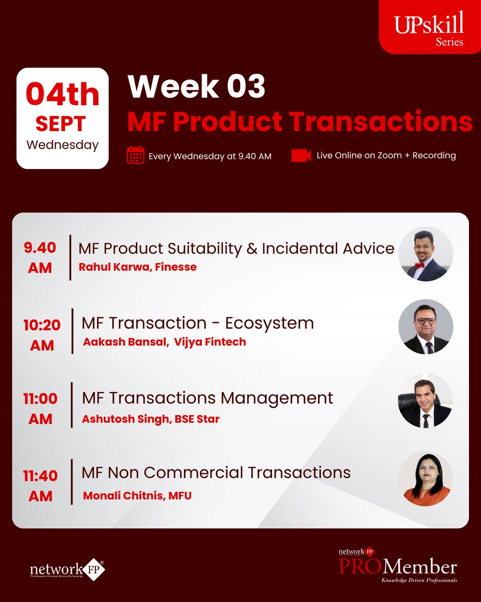 networkfp's tweet photo. Week 3 of the The 6 week online UpSkill Series on MF Standards and Best Practices!

Don't miss out! Register now for our ProMembership and access this series for FREE! - https://t.co/eiee6wsx53

Know more about series - https://t.co/3uQVHQeffE

#MFD #RIA #MutualFunds #PFP #NFP https://t.co/TSNWQjKqyk