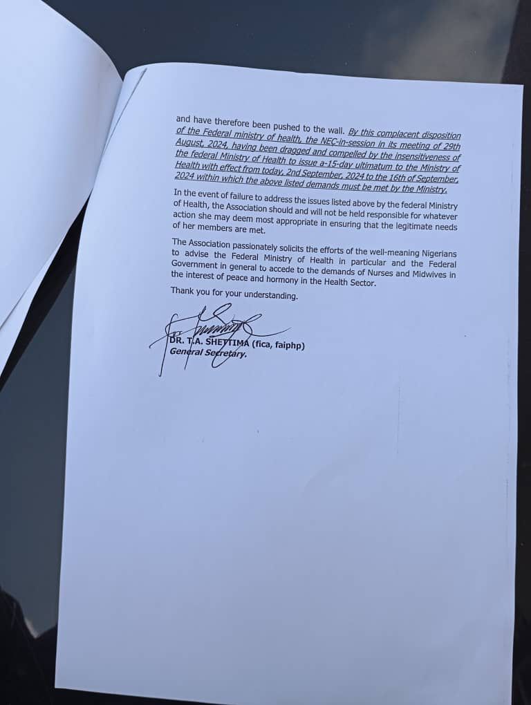 Nurses' patience wearing thin! NANNM gives FG 15-day ultimatum to address welfare concerns. Will government act? #NANNMUltimatum #NursesDeserveBetter #HealthcareMatters
<a href="/daily_trust/">Daily Trust</a> 
<a href="/channelstv/">Channels Television</a> 
<a href="/Fmohnigeria/">Federal Ministry of Health, NIGERIA</a> 
<a href="/AjuriNgelale/">Ajuri Ngelale</a> 
<a href="/reuben_markus/">Nr. Reuben Zirahgi Markus</a> 
<a href="/muhammadpate/">Muhammad Ali Pate</a> 
<a href="/WHO/">World Health Organization (WHO)</a> 
<a href="/UNICEF/">UNICEF</a>