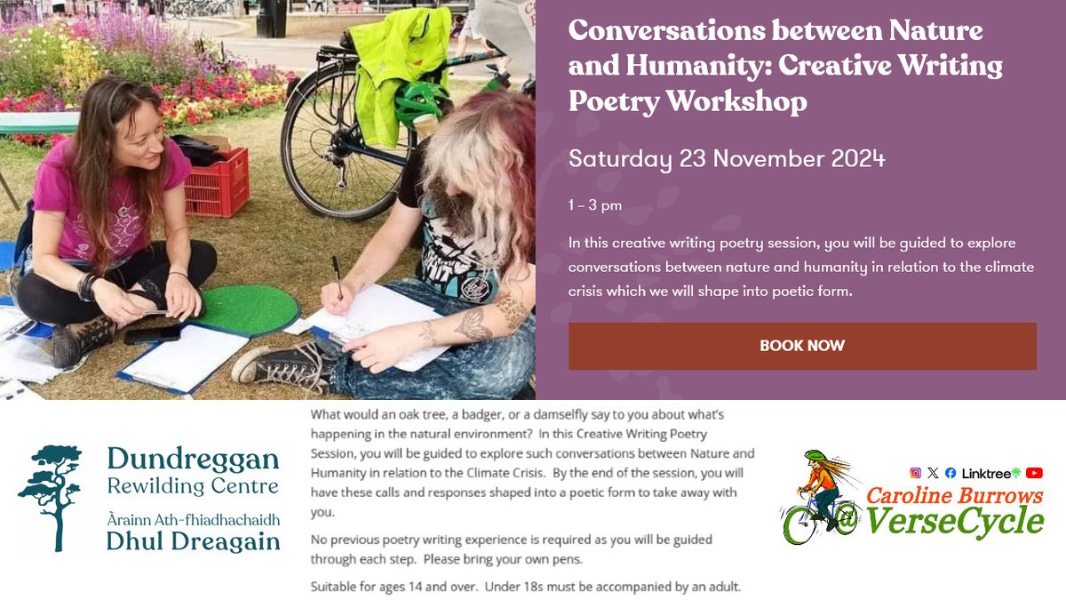 'Conversations with Nature' creative writing/poetry workshop. Nov Sat 23rd Tickets: treesforlife.digitickets.co.uk/event-tickets/…
<a href="/VisitDundreggan/">Dundreggan Rewilding Centre</a> #dundregganrewildingcentre #dundreggan #treesforlife #poetryworkshop #naturewritingworkshop #naturewriting #scotland #conversationswithnature #cyclepoet