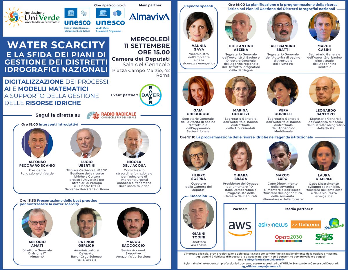 💧“Water scarcity e la sfida dei piani di gestione dei Distretti idrografici nazionali”
🌐 Digitalizzazione dei processi, AI e modelli matematici a supporto della gestione delle risorse idriche
📌 11 SETT, h15, Sala Cenacolo, Camera dei Deputati – Roma
🎥 Diretta: <a href="/RadioRadicale/">Radio Radicale</a>