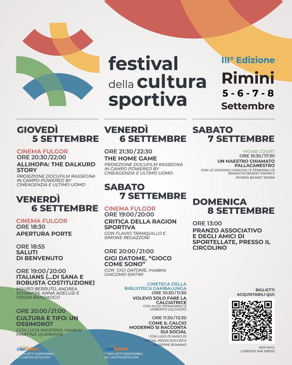 📅 Festival della Cultura Sportiva - Terza Edizione | 5-8 Settembre a Rimini

👤 Ospiti: Luca Ravenna, Flavio Tranquillo, Gigi Datome, Alice Pignagnoli, Giacomo Sintini, Anna Adelusi, Yassin Bandaogo e Mauro Berruto

🤝 In collaborazione con Cinema Fulgor e Shark sport
