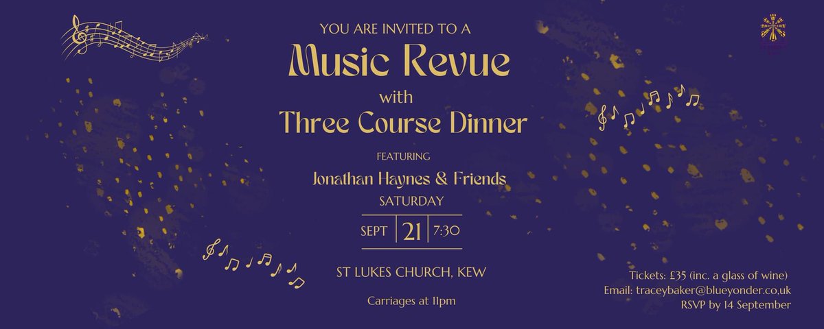 Come and join us at our first Music Revue for an evening of fun, food, and music. 
Tickets cost £35 and include a three-course meal, a glass of wine, and wonderful light entertainment in the form of music and song.