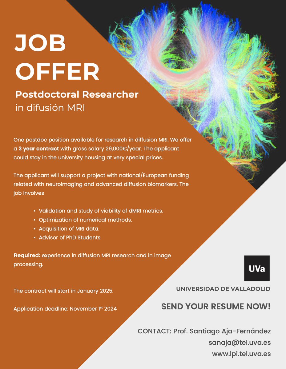 Job Offer!!! We are looking for a postdoc with experience in medical imaging and/or MRI. 3 year contract. Contact me for details. Move the add.