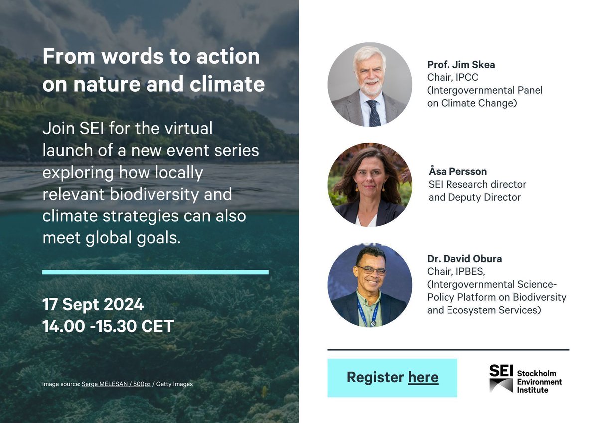 SEI Climate (@seiclimate) on Twitter photo đ GLOBAL LAUNCH | @SEIResearch Series on Nature & Climate
Join a new event series exploring integrated strategies, featuring experts from our global centres.
It kicks off with keynotes from <a href="/IPCC_CH/">IPCC</a>âs <a href="/JimSkeaIPCC/">Jim Skea</a>, <a href="/IPBES/">ipbes</a> & <a href="/cordioea/">CORDIO East Africa</a>âs <a href="/dobura/">David Obura</a>, and SEIâs <a href="/Perssonasa/">Ă
sa Persson</a>.
đ§” 1/2 đ GLOBAL LAUNCH | @SEIResearch Series on Nature & Climate
Join a new event series exploring integrated strategies, featuring experts from our global centres.
It kicks off with keynotes from <a href="/IPCC_CH/">IPCC</a>âs <a href="/JimSkeaIPCC/">Jim Skea</a>, <a href="/IPBES/">ipbes</a> & <a href="/cordioea/">CORDIO East Africa</a>âs <a href="/dobura/">David Obura</a>, and SEIâs <a href="/Perssonasa/">Ă
sa Persson</a>.
đ§” 1/2