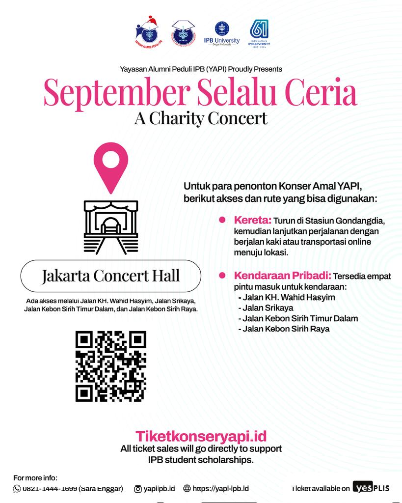 addiems's tweet photo. Yayasan Alumni Peduli IPB dengan bangga mempersembahkan :

A CHARITY CONCERT 
“SEPTEMBER SELALU CERIA” 
Vina Panduwinata - Addie MS
Twilite Orchestra 🎷🎶

🗓️ Senin, 30 September 2024
⏰ Pukul 18.30 - 22.00 WIB
📍Jakarta Concert Hall

🎟️Pembelian tiket hanya melalui link https://t.co/rfT56CZiRn 
(link in profileku di atas kiri)

Informasi hubungi:
Fia Sufianti 0811925829 (Sponsorship)
Rita Marcia 081388621972 (Ticketing)

100% penjualan tiket akan digunakan untuk BEASISWA MAHASISWA IPB YANG MEMBUTUHKAN
