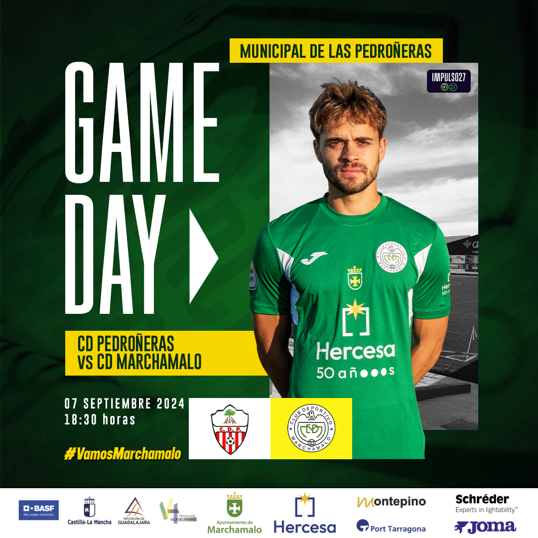 ⚽️ ¡GAME DAY! ⚽️

💚 Primer partido... ¡A por la primera victoria!

📅 7 de septiembre
⏰ 18.30 horas
🏟️ Municipal de Las Pedroñeras
🆚 <a href="/CDPedroneras/">C.D. Pedroñeras</a>

#VamosMarchamalo #123CD #Marchamalo