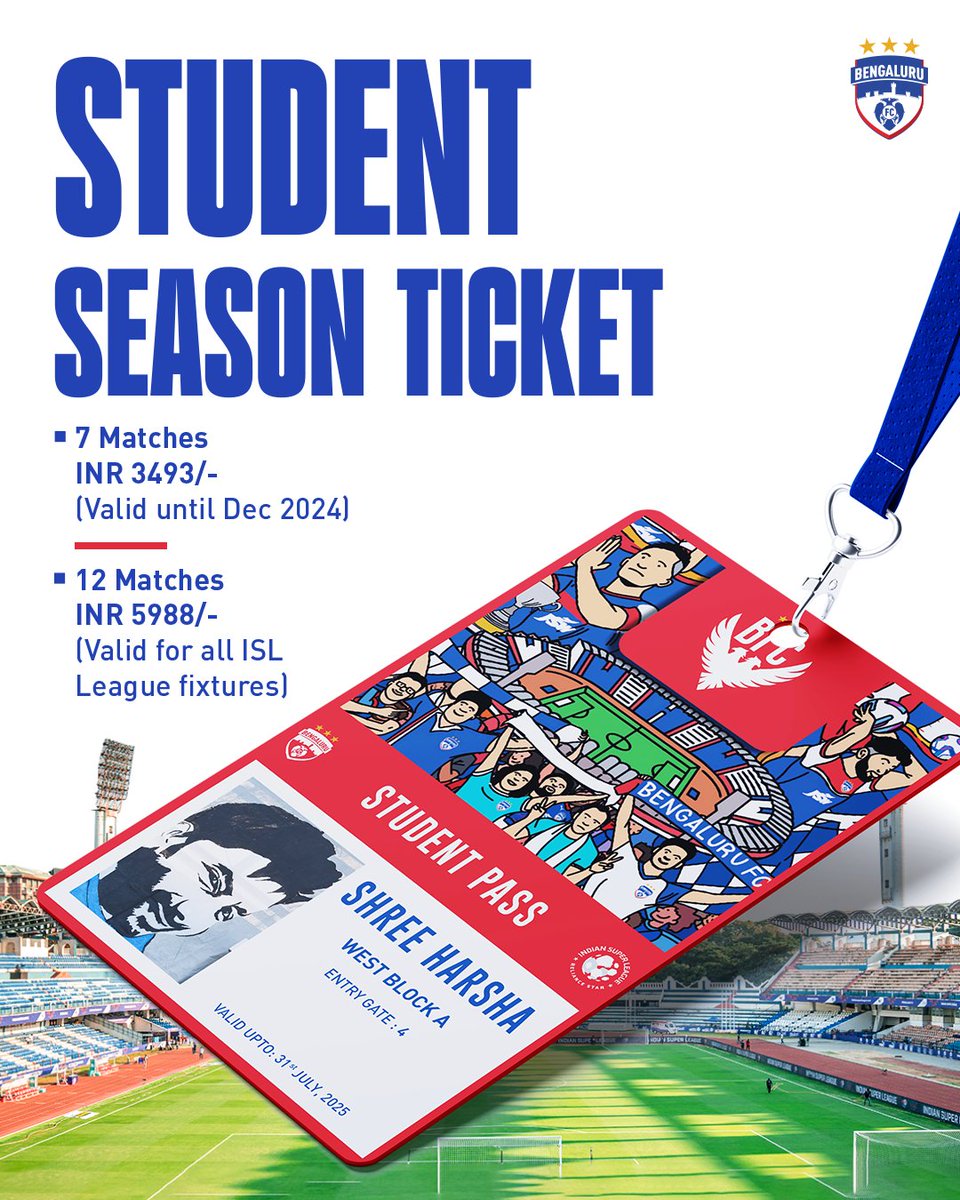 bengalurufc's tweet photo. 𝐀 𝐒𝐓𝐔𝐃𝐄𝐍𝐓 𝐒𝐏𝐄𝐂𝐈𝐀𝐋 𝐃𝐈𝐒𝐂𝐎𝐔𝐍𝐓! 🔥
Get your hands on a Season Ticket to the West Block, now available at a discount for #StudentsOnly.
🔗 Click here: https://t.co/VSZl3FYVhY
#WeAreBFC 🔵 https://t.co/EHYQV45ra5