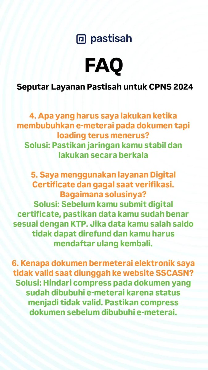 pastisah's tweet photo. Hai Sobat Pasti,
Berikut FAQ seputar layanan Pastisah untuk CPNS 2024
#CPNS2024 #sscasn #pppk2024 #ASN https://t.co/kVLaUaS2kw