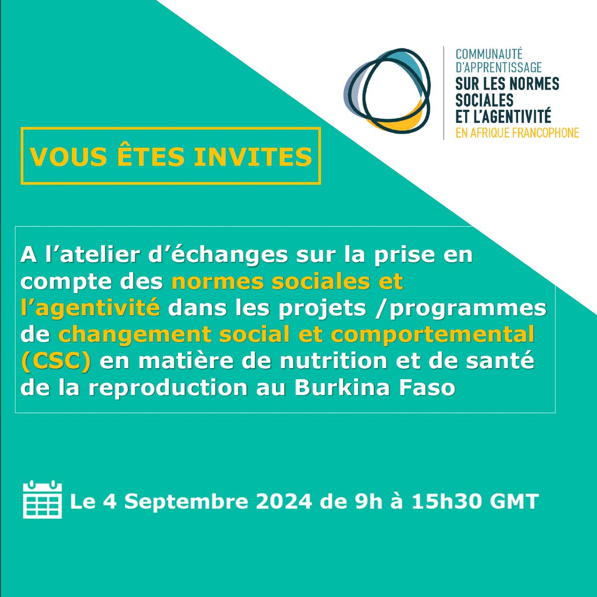 La CAPANS, en partenariat avec le <a href="/spong_burkina/">SPONG Burkina</a> et <a href="/Agency4All/">Agency for All</a>, annonce un atelier sur le thème des normes sociales et l’agentivité dans les projets CSC en nutrition et santé sexuelle et reproductive !

Rejoignez-nous le 4 sept 2024 de 9h à 15h30 GMT.

Participez à distance :