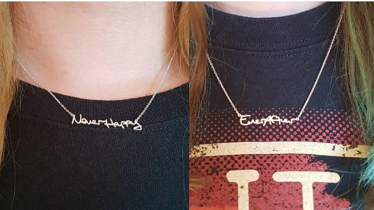 alltimeilka's tweet photo. @ASITISofficial my bestie @adoppelnie and i have "never happy ever after" necklaces in handwriting since 2017, so i'm gonna be the most basic person and say sorry🤗 https://t.co/PdLicKfLzt