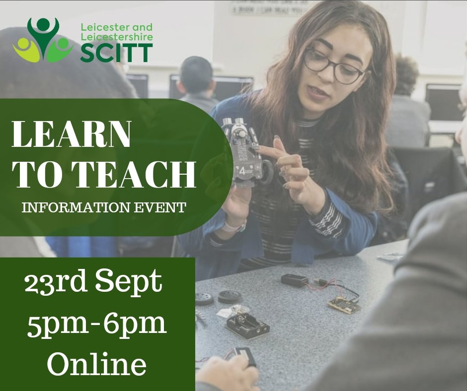 leicesterscitt's tweet photo. Are you looking for a rewarding career where you go home knowing that you are making a difference?

Train as a teacher...

Secondary teacher training information event 
23rd September
5-6pm online
Book here - 

https://t.co/15jVATPSYQ https://t.co/x5drLVGCwx