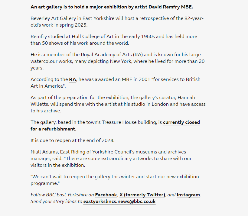 BevArtGallery's tweet photo. 🌟  Thank you @BBCNews   🌟 

#retrospective #davidremfry #researchtrip #artfund #jonathanruffercuratorialgrant #artstudio #MBE #royalacademy #hullcollegeofart #royalwatercoloursociety #2025 #spring2025 #newexhibition #intheworks 
 #excitingplans #beverleyartgallery https://t.co/9E55UdZ970