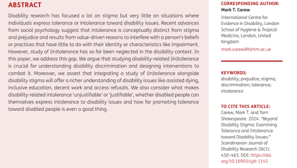 DrMarkCarew's tweet photo. New paper from @TommyShakes and I on why we need to study intolerance and tolerance toward disability issues.

Can disabled people themselves be intolerant to disability issues? Is tolerance even a good thing?  Find our thoughts on this and more here: https://t.co/hpmPdEYiq8 https://t.co/45NJ13CjnZ