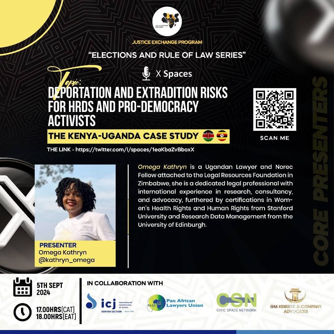 LawyersofAfrica's tweet photo. 🚨 Urgent Conversation Alert!🚨

Join us for a powerful discussion on the Deportation and Extradition Risks facing Human Rights Defenders and Pro-Democracy Activists—focusing on the critical situations in Kenya & Uganda.

🗓️ When: 5th September @ 18:00Hrs (EAT)  
📍 Where: ✖Spaces via link to Twitter Spaces https://t.co/dpTOMNoOQ0 #ElectionsAndRuleOfLawSeries

Don’t miss this chance to stand in solidarity and learn how we can protect those on the front lines of justice. Your voice matters!

@ICJKenya @tsunga_arnold @donalddeya @civicspaceaf @Pais_Mary @kathryn_omega