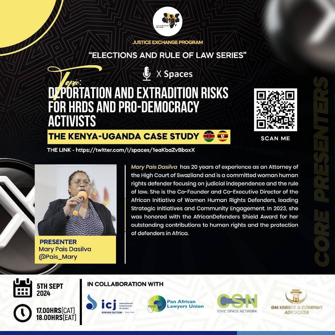 LawyersofAfrica's tweet photo. 🚨 Urgent Conversation Alert!🚨

Join us for a powerful discussion on the Deportation and Extradition Risks facing Human Rights Defenders and Pro-Democracy Activists—focusing on the critical situations in Kenya & Uganda.

🗓️ When: 5th September @ 18:00Hrs (EAT)  
📍 Where: ✖Spaces via link to Twitter Spaces https://t.co/dpTOMNoOQ0 #ElectionsAndRuleOfLawSeries

Don’t miss this chance to stand in solidarity and learn how we can protect those on the front lines of justice. Your voice matters!

@ICJKenya @tsunga_arnold @donalddeya @civicspaceaf @Pais_Mary @kathryn_omega