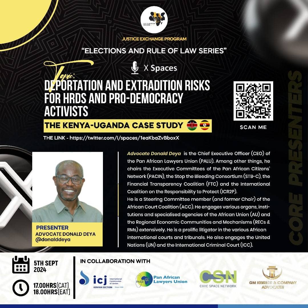 LawyersofAfrica's tweet photo. 🚨 Urgent Conversation Alert!🚨

Join us for a powerful discussion on the Deportation and Extradition Risks facing Human Rights Defenders and Pro-Democracy Activists—focusing on the critical situations in Kenya & Uganda.

🗓️ When: 5th September @ 18:00Hrs (EAT)  
📍 Where: ✖Spaces via link to Twitter Spaces https://t.co/dpTOMNoOQ0 #ElectionsAndRuleOfLawSeries

Don’t miss this chance to stand in solidarity and learn how we can protect those on the front lines of justice. Your voice matters!

@ICJKenya @tsunga_arnold @donalddeya @civicspaceaf @Pais_Mary @kathryn_omega