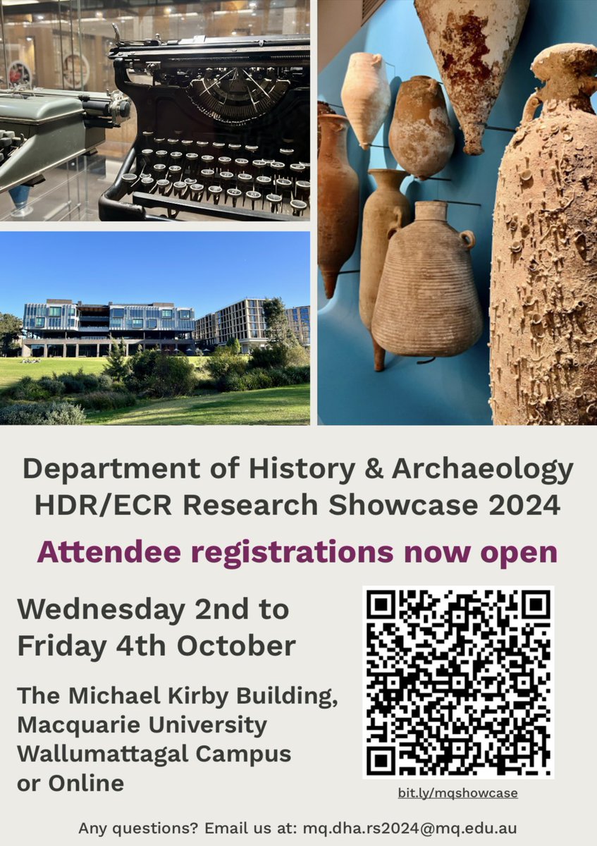Registrations are now open for this year’s MQ Department of History &amp; Archaeology HDR/ECR Research showcase Conference! 
Come along and hear about some of the research our wonderful history &amp; archaeology HDR/ECRs are currently completing. 

Both on-campus &amp; Zoom options available