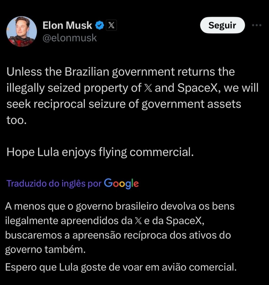 Bateu o desespero no Elon Musk, agora ele ameaça confiscar o avião do Lula por uma decisão que não é do governo e sim da justiça brasileira.

Calma que ainda falta:

-bloqueio total do X
-multas milionárias pra operadoras que não bloquearam (Starlink inclusa)
-bloqueio da