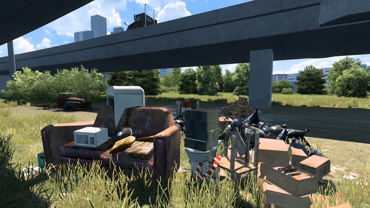 netsynetsy's tweet photo. I love that somebody at @SCSsoftware spent the time placing these random piles of trash down below the elevated ramps of an interchange in Houston, in a spot where you might only catch a glimpse of it out of the corner of your eye. Whoever did this: Your work is appreciated! #ATS https://t.co/0ymhM15mrP