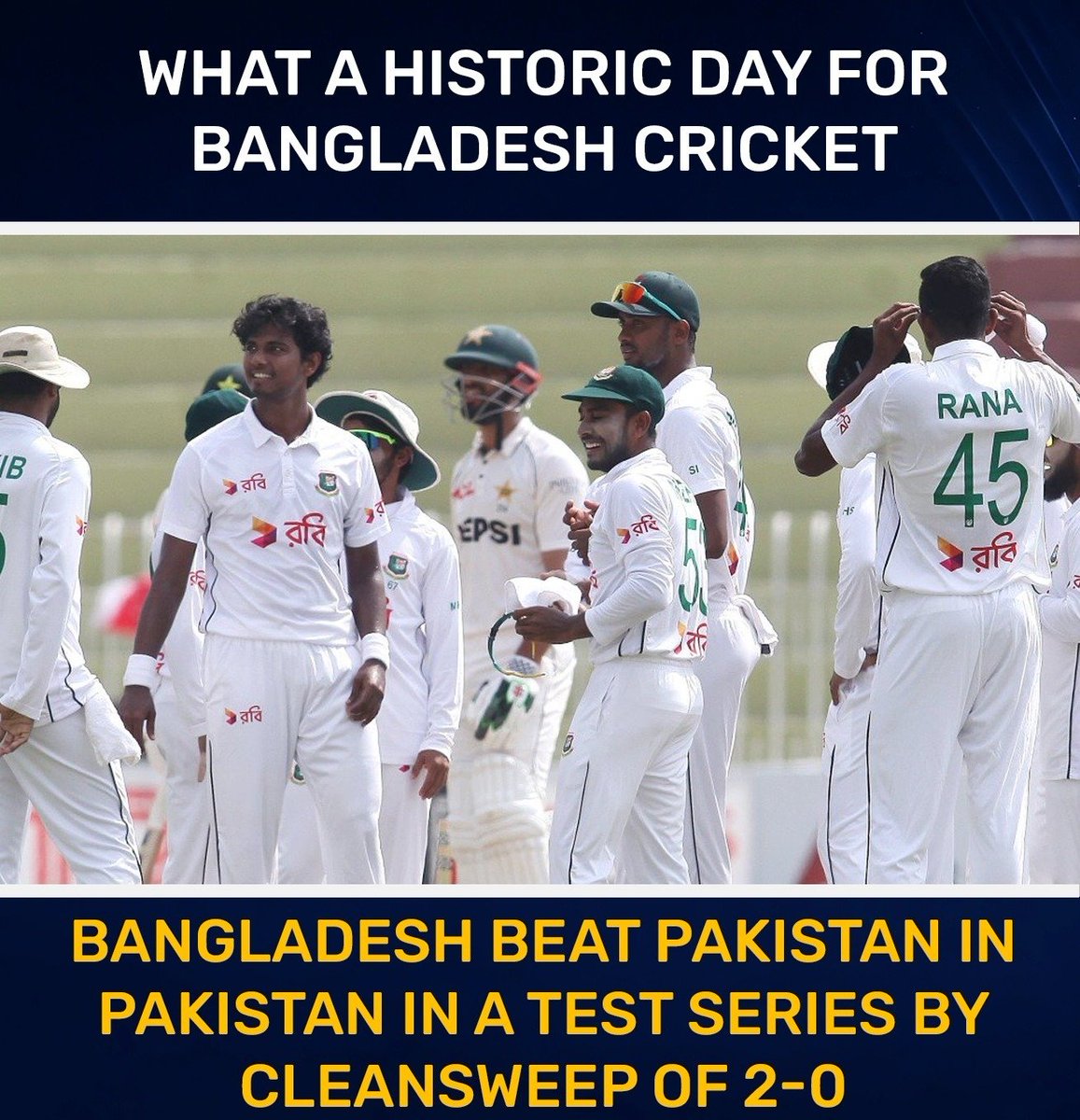 CricFeverwithRK's tweet photo. Test series wins away from home for Bangladesh
2-0 (2) vs West Indies 2009
1-0 (1) vs Zimbabwe 2021
2-0 (2) vs Pakistan 2024
Overall, just their eighth win in an overseas Test - two each in West Indies, Zimbabwe &amp; Pakistan and one each in Sri Lanka &amp; New Zealand. https://t.co/epUUfVQpXc