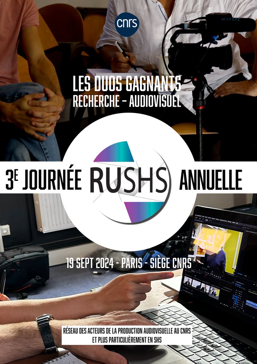📢Dernier rappel : plus que 4 jours pour vous inscrire à la Journée annuelle <a href="/ReseauRUSHS/">RUSHS - Le réseau des métiers de l'image et du son</a> ! 
🗓️C'est le 19/09 à Paris, au siège <a href="/CNRS/">CNRS 🌍</a>
📝Inscription : rushs-ja2024.sciencesconf.org/registration?l… 
📖Programme : rushs-ja2024.sciencesconf.org/resource/page/…
<a href="/mate_shs_cnrs/">mate_shs_cnrs</a> <a href="/rn_msh/">RnMSH</a> <a href="/CNRSshs/">CNRS Sciences humaines & sociales</a>