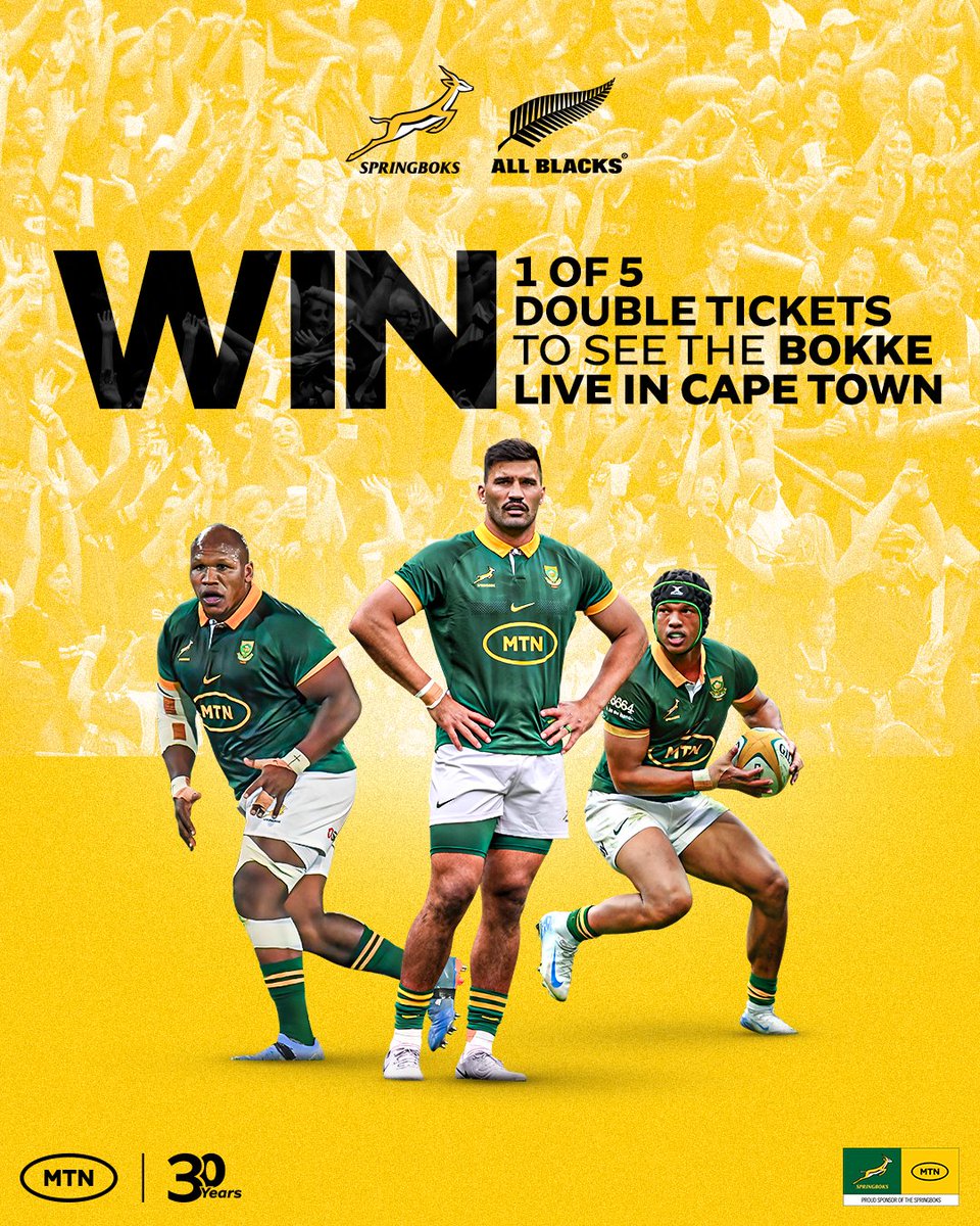 🇿🇦WIN ONE OF FIVE DOUBLE TICKETS TO THE BIGGEST RIVALRY IN SPORTING HISTORY🇳🇿

📋To enter: 

✍️Comment below why you love the Boks.
👥Tag a friend.
🔄RT this post 

T&amp;Cs Apply.

#MTNSpringboks24 #30YearsOfMTN