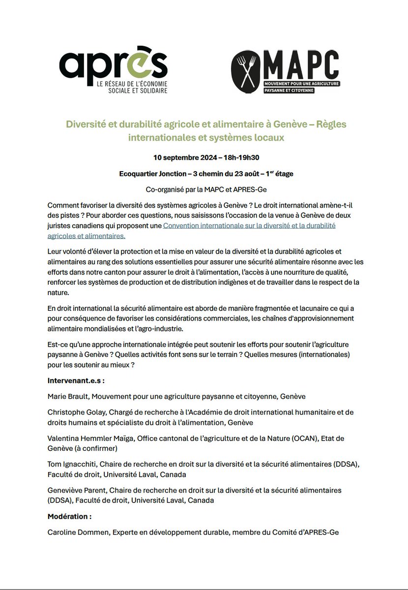 Ne manquez pas la conférence publique à Genève sur la diversité et la durabilité agricoles et alimentaires !

📅 Date : 10 septembre 2024
🕕 Heure : 18h00 - 19h30
📍 Lieu : Ecoquartier Jonction, 3 chemin du 23 août, 1er étage, Genève

👉 chaire-diversite-alimentaire.ulaval.ca/actualites/con…