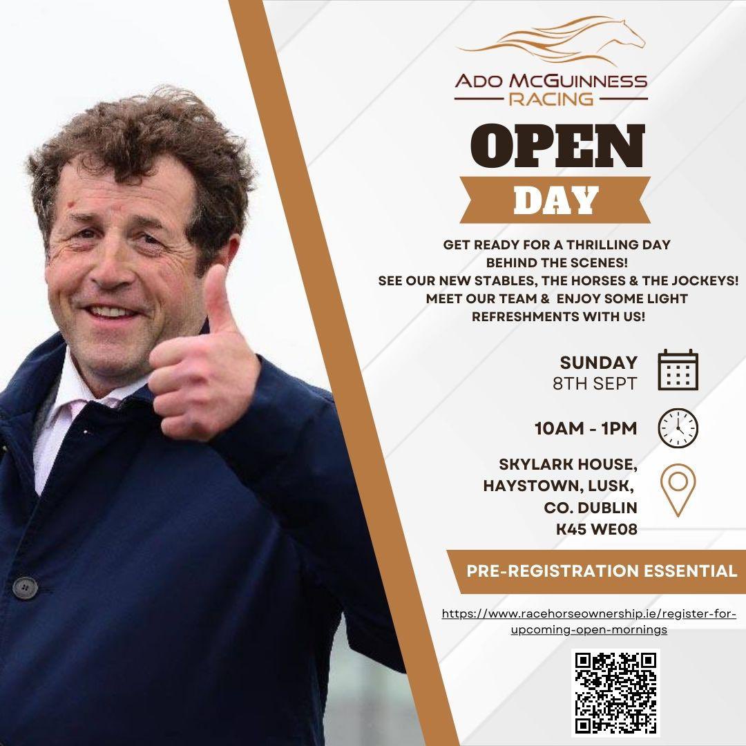 🚨OPEN DAY THIS SUNDAY🚨We are pleased to announce that in relation with HRI we are hosting an open day this coming Sunday 8th September. See our new stables, meet the horses and jockeys. Everyone welcome, pre registration is essential. racehorseownership.ie/register-for-u…