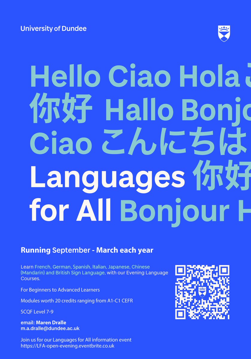 Learn a new language with us with our Languages for All evening classes starting Sept 16th 

Choose from French, German, Spanish, Italian, Japanese, Chinese (Mandarin), and BSL.

Find out more at our open evening, Tuesday Sept 10th, 6pm - 7pm  bit.ly/3ZaY9xA