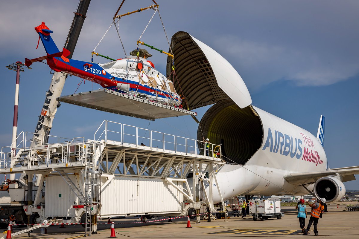 Airbus's tweet photo. Big #Beluga mission, filled with many firsts! 🐋 Our favourite super transporter delivered not 1, but 2 #H175 helicopters 🚁 to Qingdao, China, for the first time all the way from Toulouse 🇫🇷. A first also for Airbus Beluga Transport (AiBT), our autonomous freight airline!
