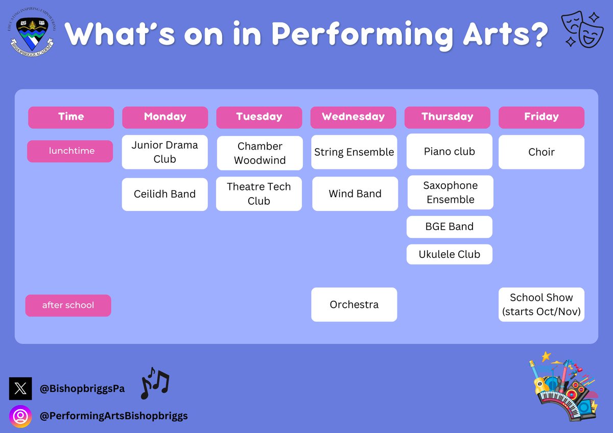 🎭🎶 Looking for something fun during lunch or after school? Check out our awesome Performing Arts extracurriculars! Whether you’re into acting, singing, or playing an instrument, we’ve got something for you! 🎸🎤🎬 Come along and try something out! <a href="/BishopbriggsAC/">Bishopbriggs Academy</a>
