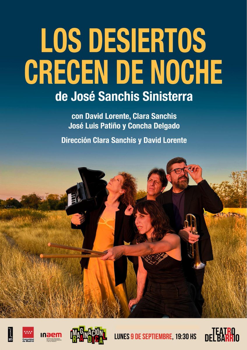 El próximo 9 de septiembre te espera la función 'Los desiertos crecen de noche' protagonizada por nuestr@s compañer@s  <a href="/CSanchisclara/">Clara Sanchis</a> , Concha Delgado y <a href="/jl_patinno/">José Luis Patiño</a> en el Teatro del Barrio. 

Completa el elenco David Lorente. 

¡No te la pierdas!