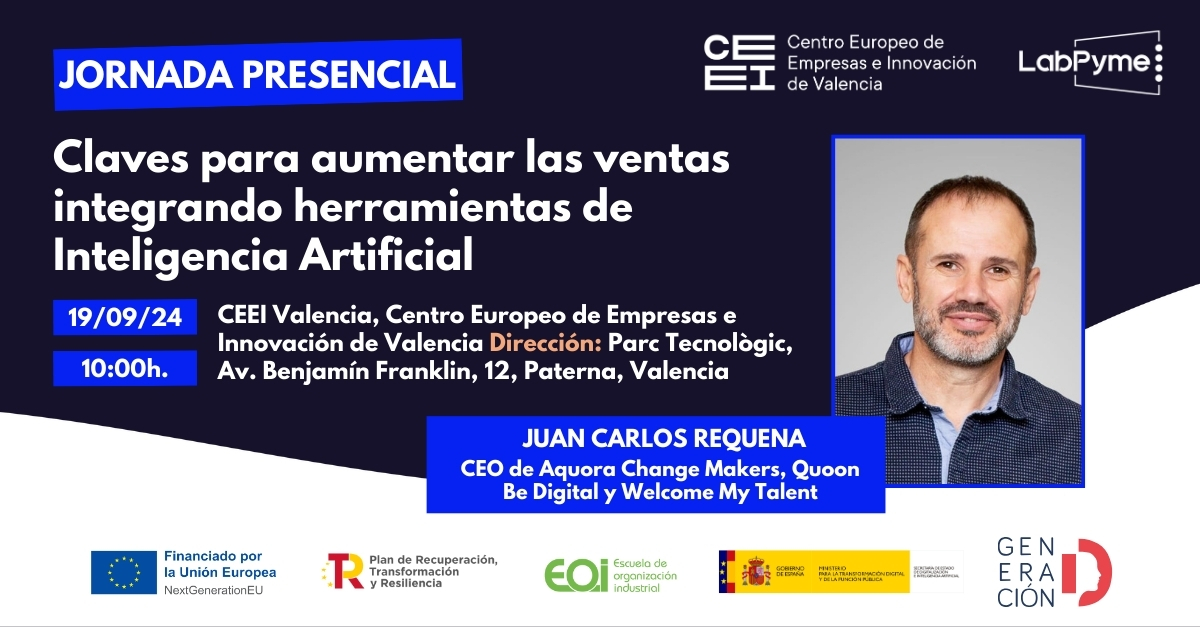ceeivalencia's tweet photo. ¿Sabías que integrar herramientas de #InteligenciaArtifical en tu negocio puede ayudarte a aumentar las ventas?

🎯 Conoce las claves con @JCRequenaO, CEO de @AquoraBE, en la próxima sesión de #LabPyme.

🗓️ 19 de septiembre
📍 #CEEIValencia

Inscríbete: https://t.co/PjOccHYZV8 https://t.co/kPJxb4qqEP
