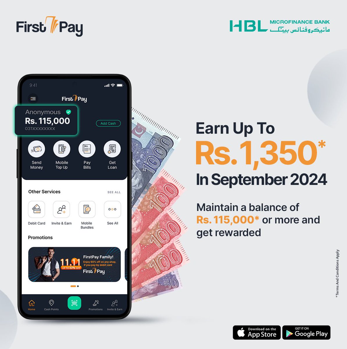 HBLMfBDigital's tweet image. Keep the deposit, earn the profit!
Maintain a balance of Rs. 115,000* or more in your FirstPay wallet and earn up to Rs. 1,350* in September 2024.

Download Now:
onelink.to/hblmfbfp

*T&amp;amp;Cs Apply:
hblmfb.com/terms-and-cond…

#FirstPay #FirstPayMobileWallet #Cashback #Rewards