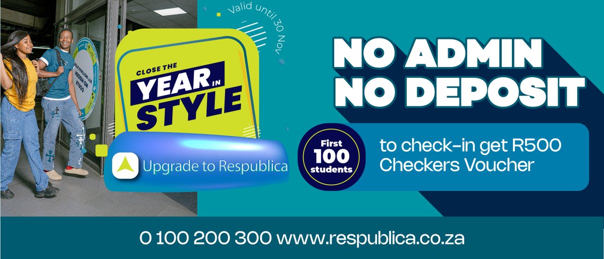 Respublica_Life's tweet photo. @Enezator Close the Year in Style with Respublica!! 💥
Check-in from the 20th of August with zero hassle:
Pay No Deposit,
No Admin Fee,
PLUS R500 Checkers vouchers for the first 100 students to check-in! 🏠✨
There’s No Better Way to end the year!

#LoveFNB #LessYadaYada #BdazzledOnS3 https://t.co/t6bGzRuyPc