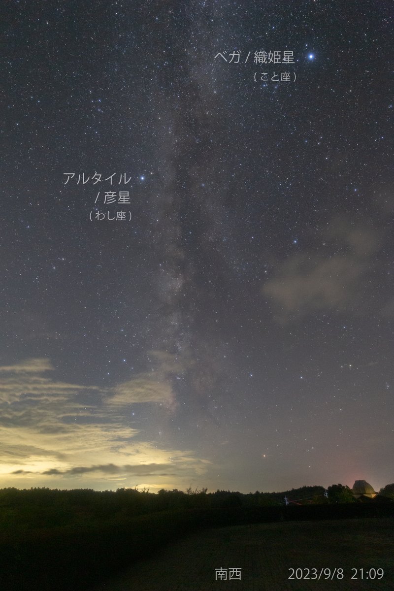 日没後の空には七夕の織姫星と彦星が見えています。
夏に見やすい星ですが、クリスマスぐらいまでは見やすいですよ。
星がたくさん見える場所では、2つの星の間に天の川が見えます。