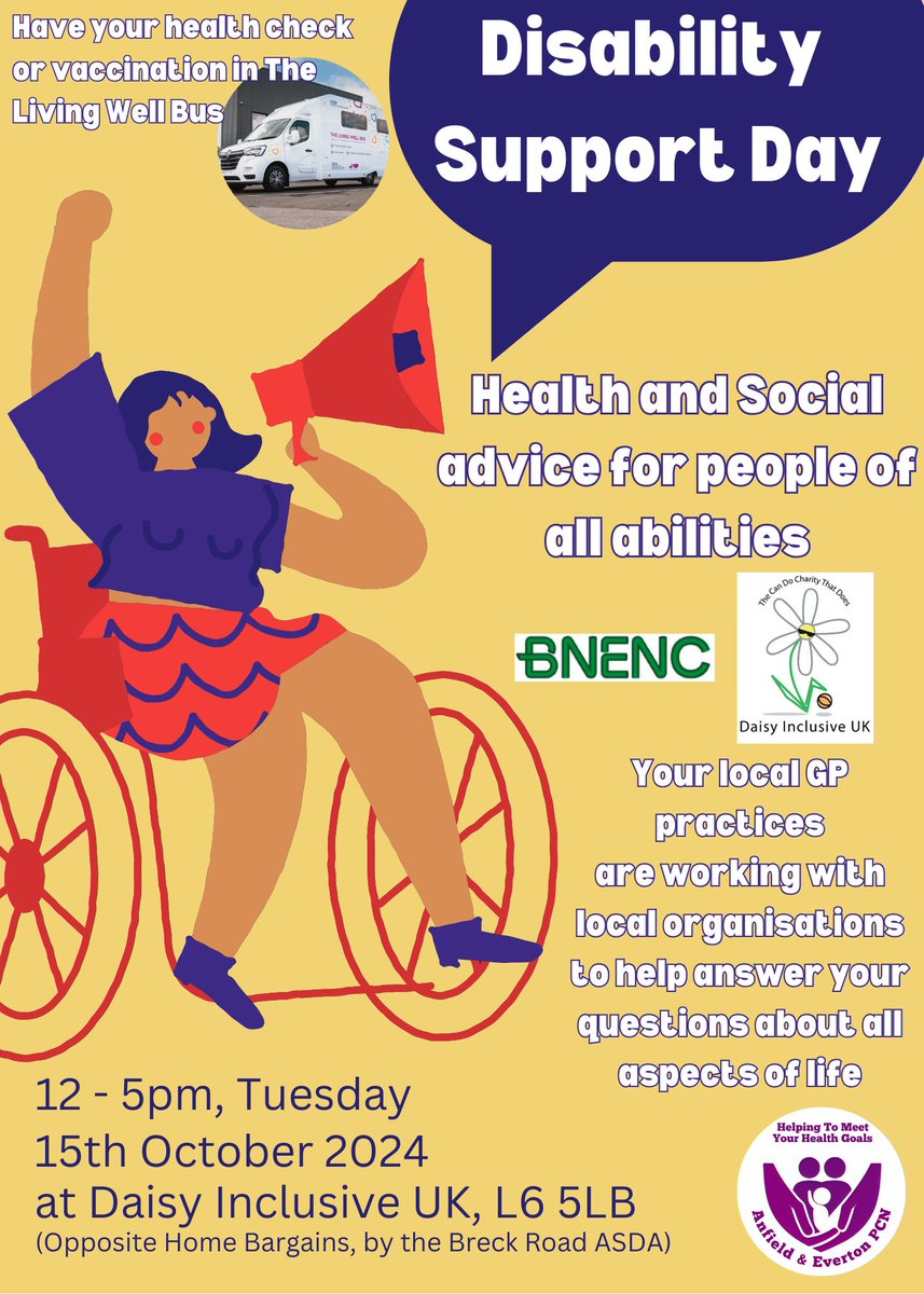 ⭐️ 𝗗𝗶𝘀𝗮𝗯𝗶𝗹𝗶𝘁𝘆 𝗦𝘂𝗽𝗽𝗼𝗿𝘁 𝗗𝗮𝘆 ⭐️

🗓️ Tue 15th Oct
⏰ 12pm-5pm
📍 Daisy Inclusive UK - L6 5LB
ℹ️ Health &amp; social advice for people of all abilities

#DisabilitySupportDay