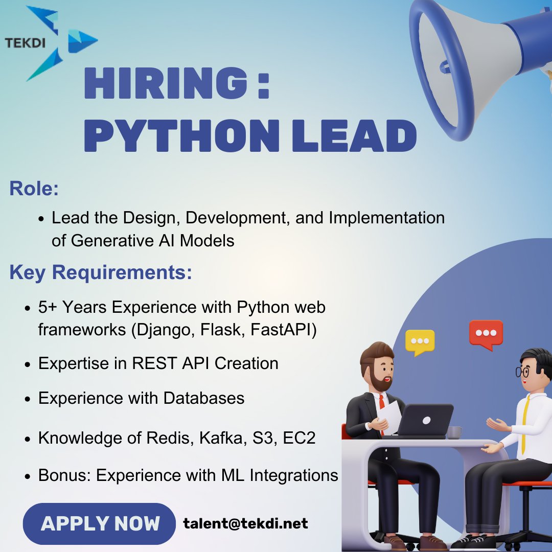 tekdinet's tweet image. We're looking for a talented Python Lead to be part of our growing team. Ready to lead the way?
Apply Now: 👉bit.ly/4dDW9SV
#HiringNow #PythonLead #JoinOurTeam #ITJobs #PuneJobs #ApplyNow