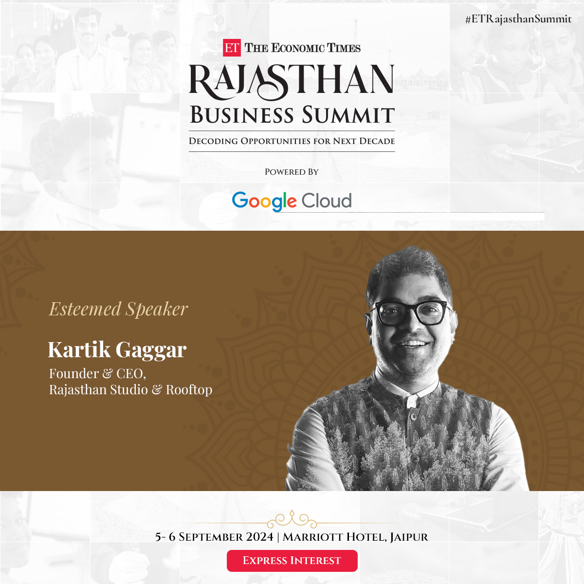 ETTravelworld's tweet photo. We're elated to present our esteemed speaker, Kartik Gaggar, Founder &amp; CEO, Rajasthan Studio &amp; Rooftop at #ETRajasthanSummit!

@KaeJee

Register Now - https://t.co/2LOSvjfhqr

#ETRajasthanSummit #Rajasthan #Economic #Transformation #Innovation #Conference #BusinessRevolution https://t.co/8tcwEfsPxc