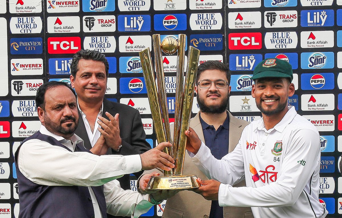 Bangladesh team celebrates with the trophy after securing their first-ever Test series win against Pakistan.🏆🎉

PC: PCB
#BCB #Cricket #BDCricket #Bangladesh #PAKvBAN #WTC2