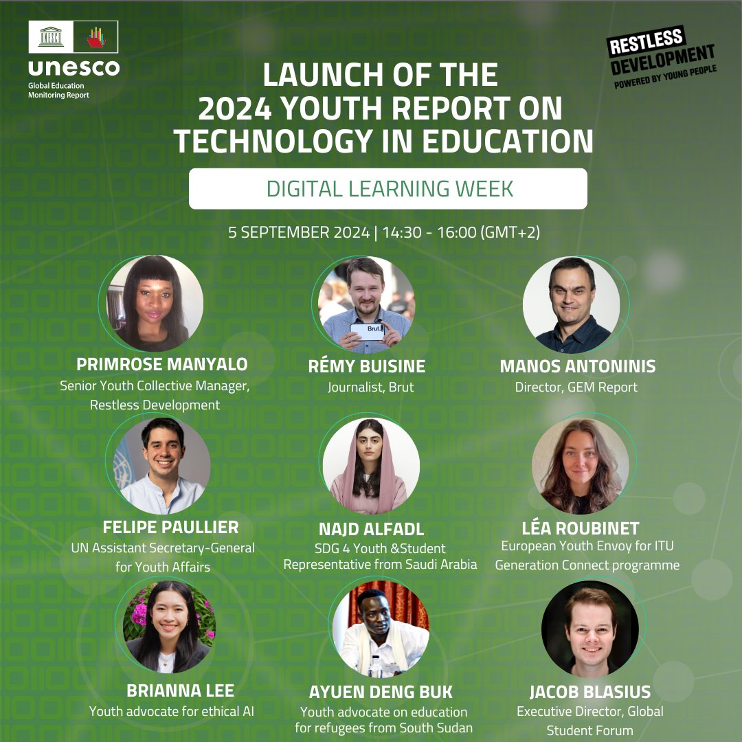 Join us for the launch of the #2024YouthReport on technology in education!

Date: 5 September 2024
Time: 2:30 PM - 4:30 PM (GMT+2)
Location: Virtual (Live from UNESCO HQ, Paris)

Register to attend: indico.un.org/event/1011448 

#TechOnOurTerms