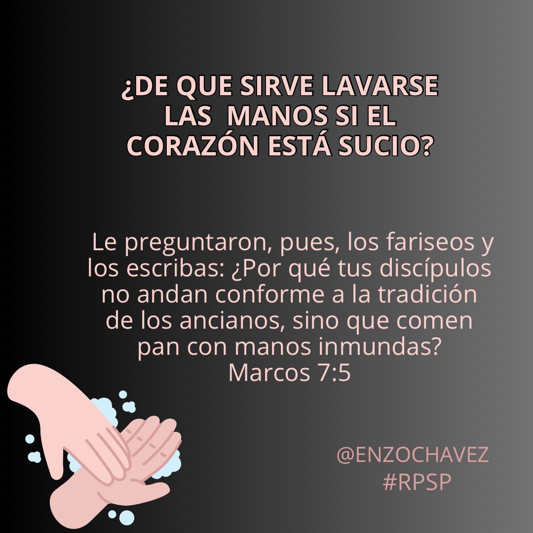 Marcos 7
Los líderes religiosos estaban más preocupados por los asuntos externos que hacer realmente la voluntad de Dios. ¿Es posible tener la imagen de religioso o espiritual, pero en realidad estar lejos de Dios?. No eres espiritual por lo que haces sino por lo que eres.
#rpsp